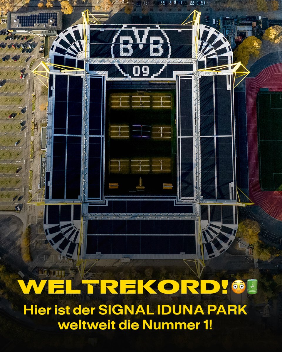 🥇 𝐖 - 𝐄 - 𝐋 - 𝐓 - 𝐑 - 𝐄 - 𝐊 - 𝐎 - 𝐑 - 𝐃 ☀️

Mit 11.132 Modulen und einer Leistung von über 5 Megawatt (MWp) verfügt Deutschlands größtes Stadion – der SIGNAL IDUNA PARK – nun über die weltweit leistungsstärkste PV-Anlage, die auf einem Stadiondach errichtet wurde. 😍
