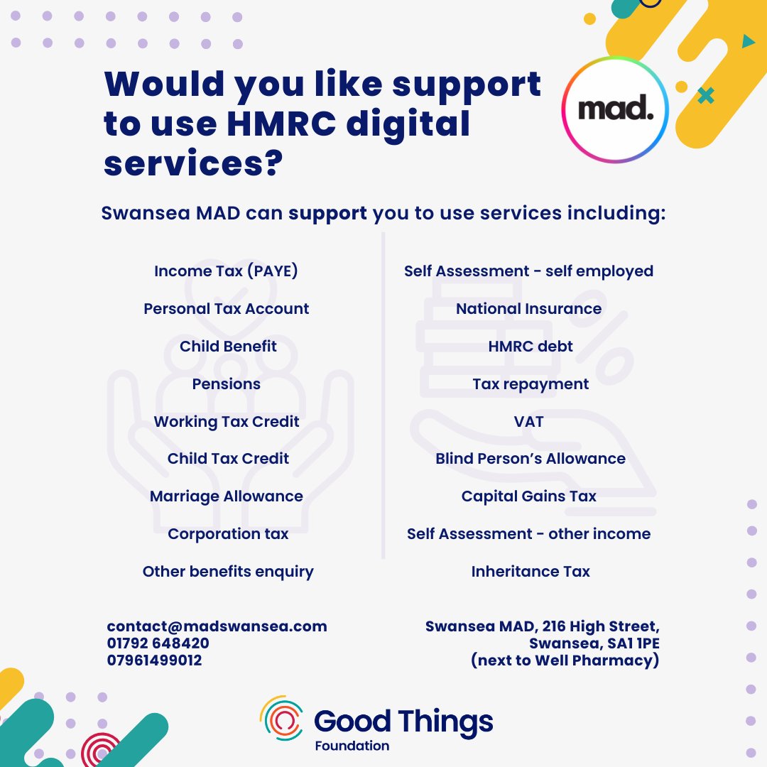 ❓ Would you like support to use HMRC services?

<a href="/SwanseaMAD/">Swansea MAD</a> can support you to use a number of services

Pop into Swansea MAD, 216 High Street, Swansea SA1 1PE (Next to Well Pharmacy)

For more info, email contact@madswansea.com

<a href="/GoodThingsFdn/">Good Things Foundation</a>

#Swansea #SwanseaSupport