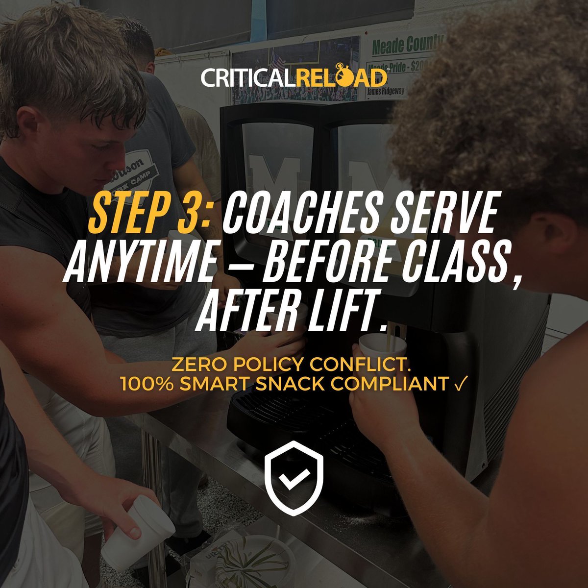 critical_reload's tweet image. 🚫 Myth: Smart Snack rules stop coaches from serving shakes.
✅ Fact: They only apply if the school sells the product.

Parents buy → CR ships → Coaches serve anytime.

Learn more: buff.ly/FyFdGxs