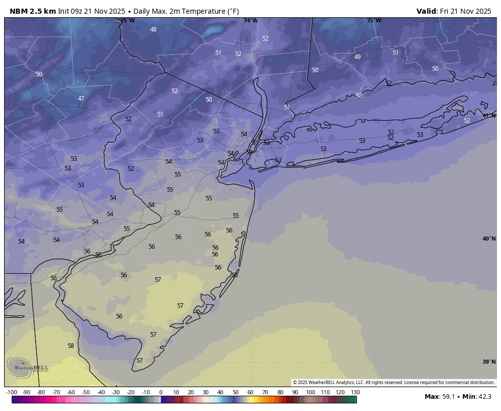Happy Friday! Today will be a little warmer in the NYC metro area. We’ll have mostly cloudy skies. But high temps will reach the low to mid 50s with a light SW breeze. Showers likely arrive late tonight into Saturday morning.