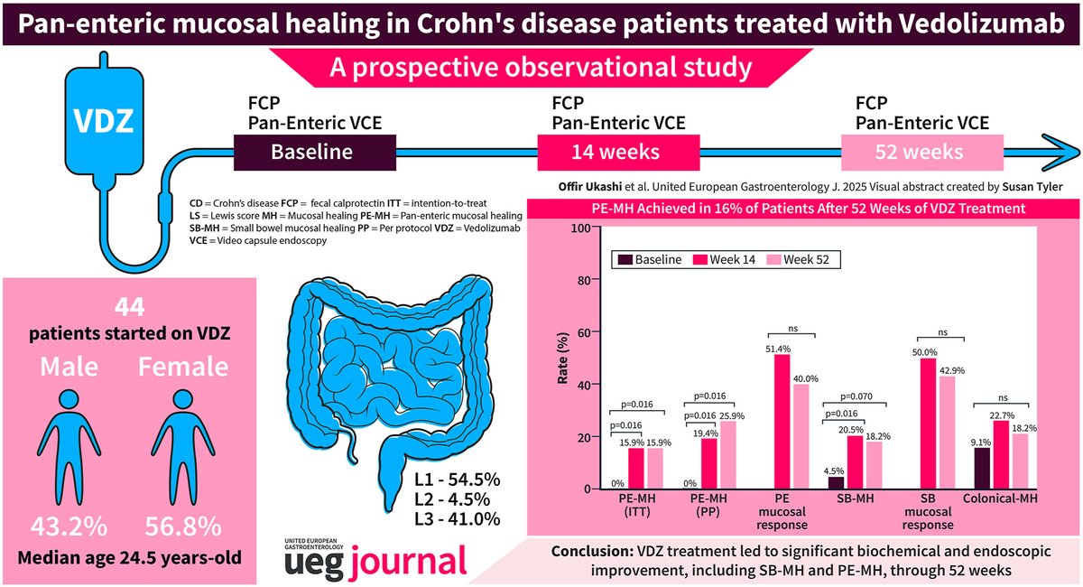 🧭 #Vedolizumab promotes small-bowel and pan-enteric #healing in #CrohnsDisease

🔸PE-mucosal healing: 15.9% at week 52
🔸SB-healing: 4.5% → 18.2%
🔸Clear reductions in CRP, FCP, Lewis &amp; Eliakim scores
🔸Well tolerated

📖 #OpenAccess 👉bit.ly/43DZNt4

<a href="/my_ueg/">United European Gastroenterology</a>