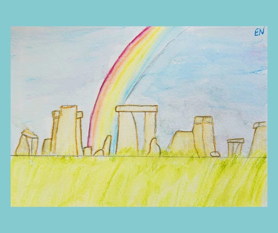 This fantastic painting of Stonehenge is by 10 year old Emily Neilson.

Emily has used watercolour pencils to create her painting, we love the soft colours and the pop of colour from the rainbow. Excellent work Emily, we hope you love your painting as much as we do!