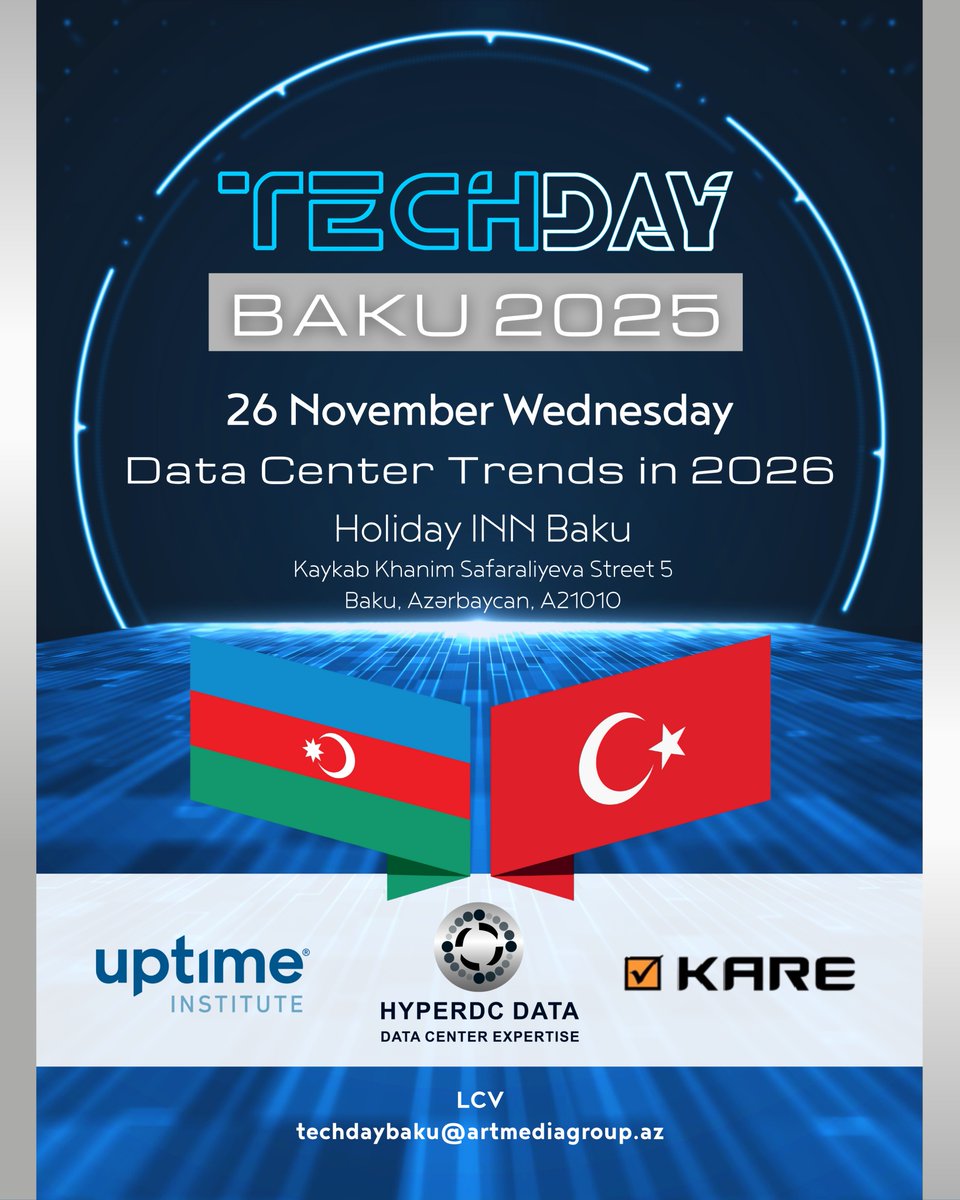 HyperDcData's tweet image. Bakü&apos;de veri merkezlerinin geleceğini konuşuyoruz!

HyperDC Data, Kare Bilgisayar ve Uptime Institute iş birliğiyle düzenlenen Tech Day Bakü&apos;de; 2026 vizyonu, konteyner çözümler ve Uptime sertifikasyonunu ele alacağız.

📅 26 Kasım | 14:00 📍Holiday Inn Baku