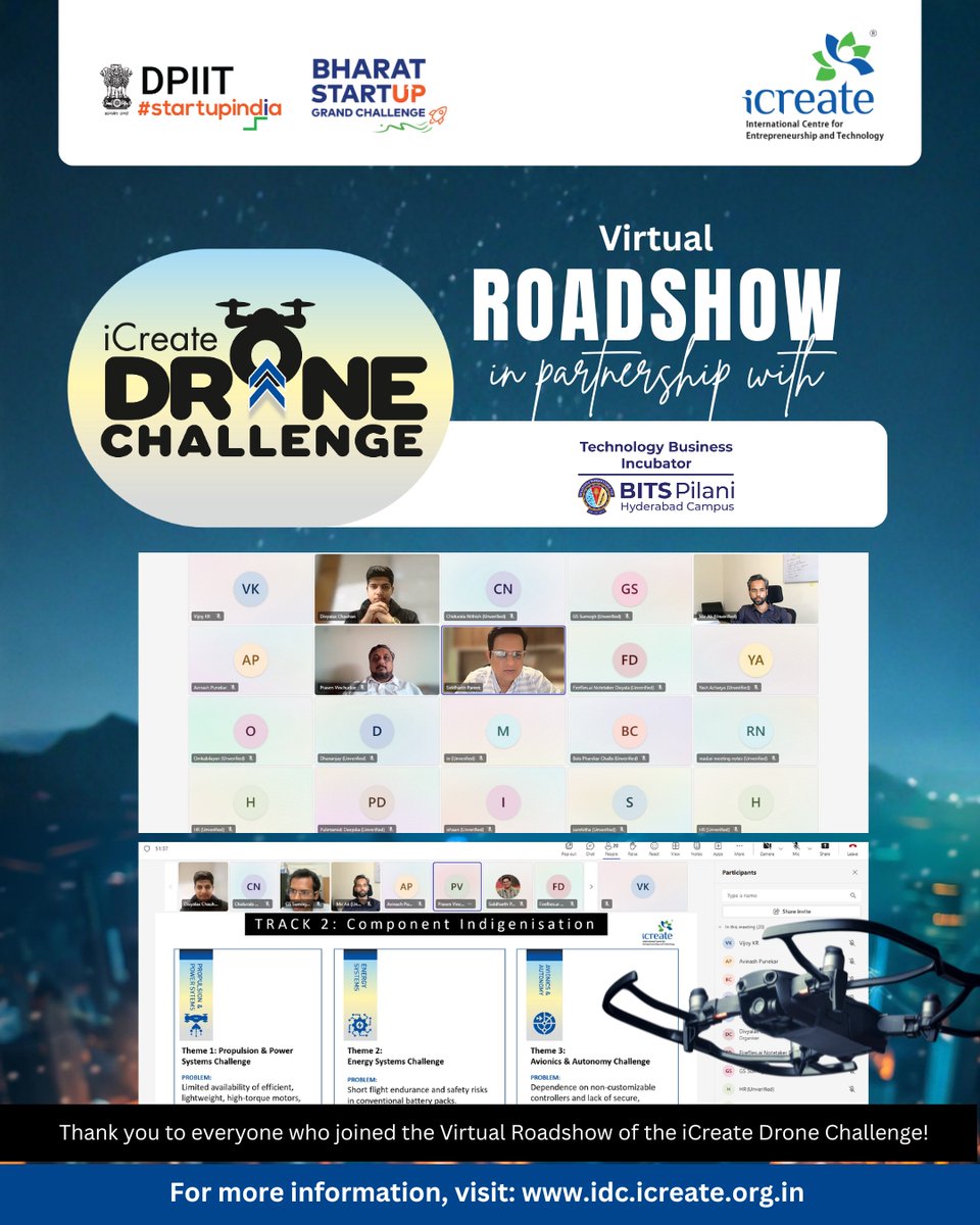 icreatenextgen's tweet image. The iCreate Drone Challenge 2025 Roadshow, held in association with BITS Pilani Hyderabad Campus TBI Society (TBIS), witnessed an overwhelming virtual turnout — a vibrant gathering of innovators, researchers, and drone enthusiasts, all united by one vision: advancing India’s…