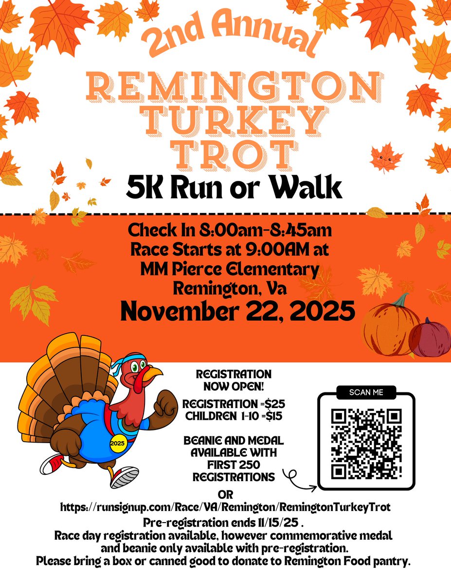 Only 1 more day until Remington Turkey Trot, 5K! THIS IS A COMMUNITY EVENT! Some of your classmates, and teachers along with our administration will be participating in this 5K! Come on out and enjoy the fun! We are very happy to be partner in this annual event!
