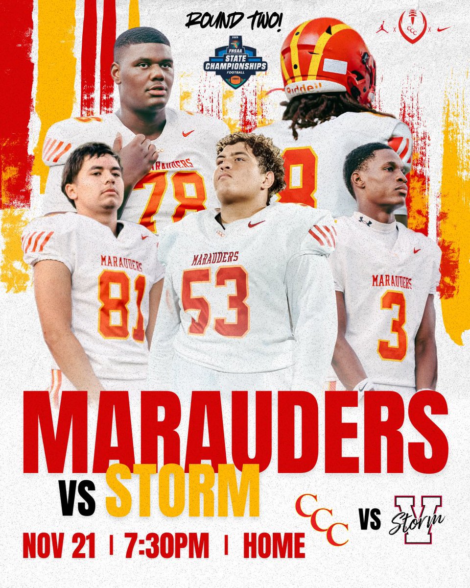 CCCMaraudersFB's tweet photo. Tonight, our senior class steps onto the field with a shot at history. 105 years of Pinellas County football. Only three classes ever reached 46 wins. Tonight, CCC can become the winningest class in county history. It’s not just a game — it’s a legacy. Let’s make history. https://t.co/Sb3il3Hk7r