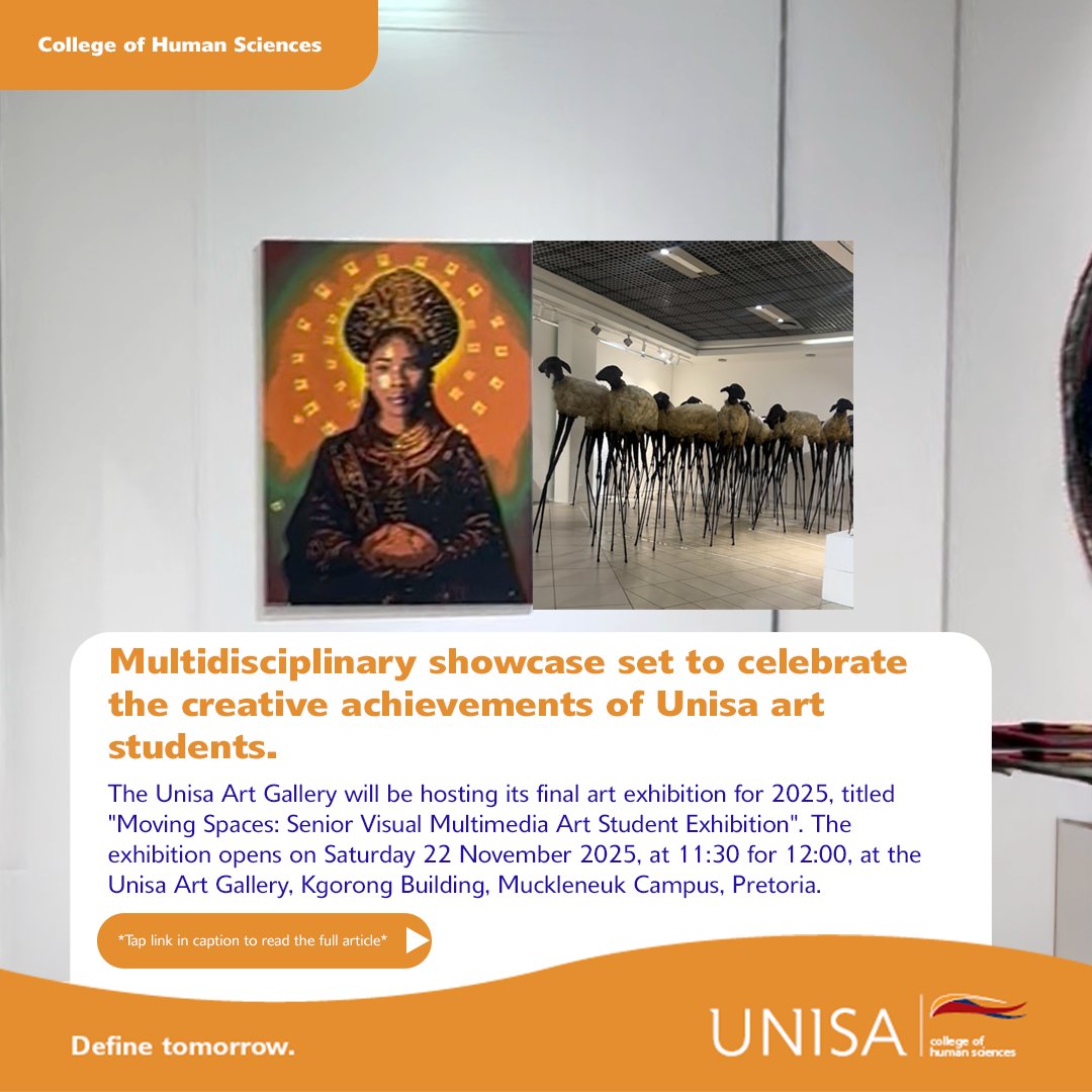 unisa's tweet image. Senior students in the Visual Multimedia Arts programmes in the Department of Art and Music will be showcasing their work at the Unisa Art Gallery under the theme &quot;Moving Spaces&quot;. 

ow.ly/TsWp50Xu0tx 

#Unisa150andBeyond #UnisaCHS