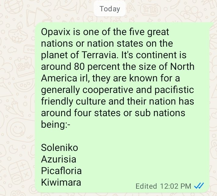 #WritingCommunity 
#worldbuulding 
Alright haven't done Opavix in a while so feel free to ask anything about them. History, origin, economy, cape related events, government, culture, etc.