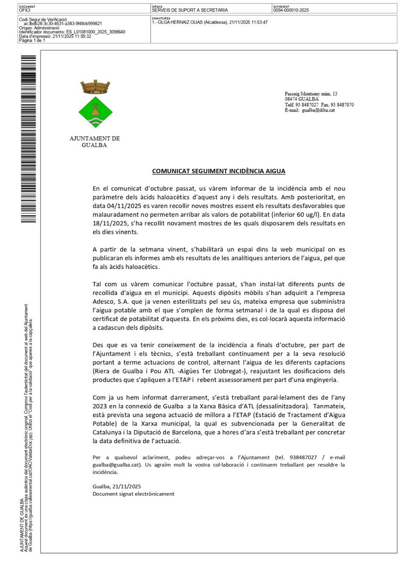 COMUNICAT DE SEGUIMENT SOBRE LA INCIDÈNCIA DE L'AIGUA