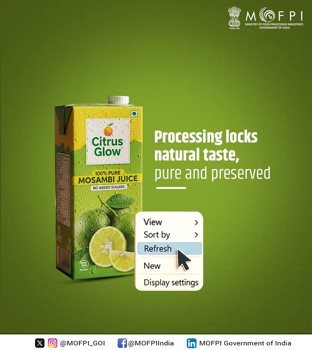 MOFPI_GOI's tweet image. Processing locks the natural taste — pure, fresh &amp;amp; preserved. 
It safeguards nutrition, reduces waste &amp;amp; supports farmers through innovation.

The Ministry promotes a sustainable and safe food ecosystem.

#Refresh #FoodProcessing