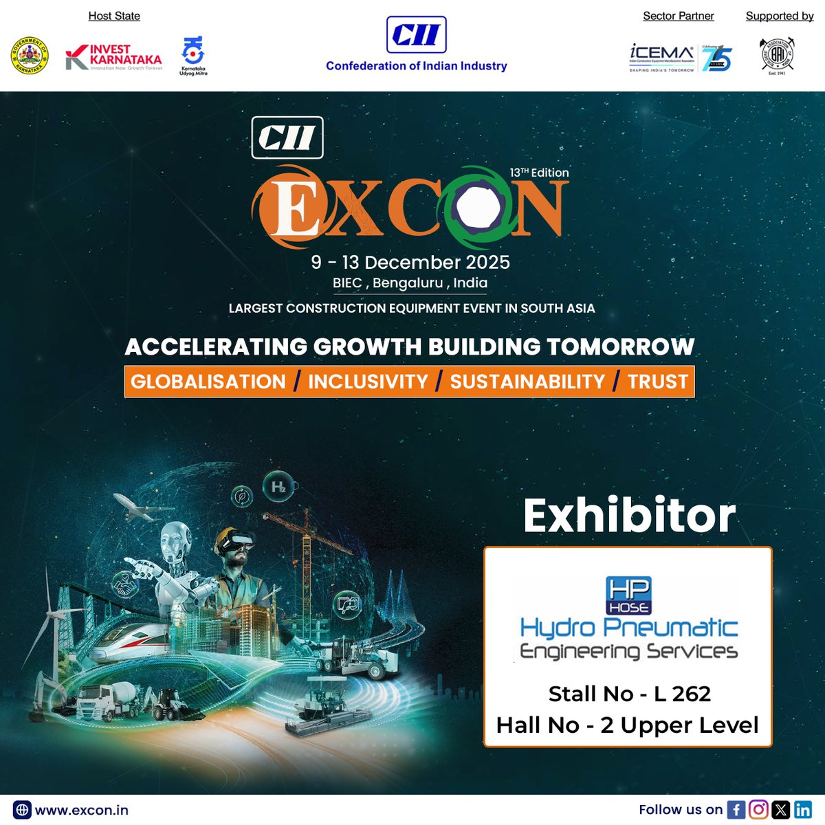 CII_Excon's tweet image. Hydro Pneumatic Engineers (Hyd) Pvt. Ltd. at EXCON 2025!

Explore hydraulic hose and pneumatic engineering expertise.

📍 Stall L 262 | Hall 2 – Upper Level
🌐 excon.in

#EXCON2025 #HydroPneumatic #EngineeringServices 

@CII4SR @CIITradefairs @BIECentre @ICEMA_Off…