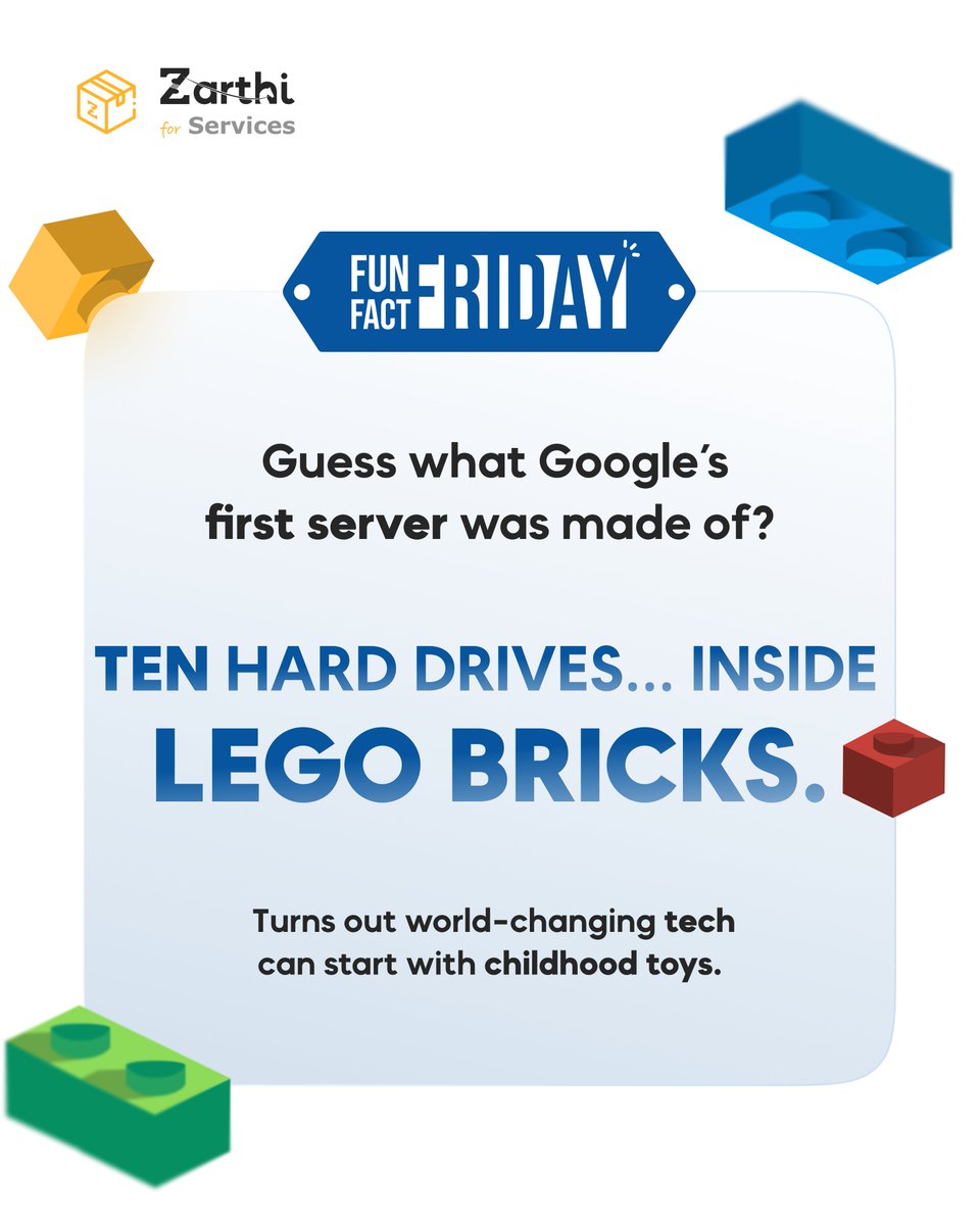 ZarthiOfficial's tweet image. Google didn’t just break the internet; they started by breaking conventions.
Their first server? Ten hard drives held together with LEGO bricks. ✨
Big ideas often begin with the simplest materials.
Know a cooler tech fact? Reply below!
#FunFactFriday #TechHistory #Zarthi