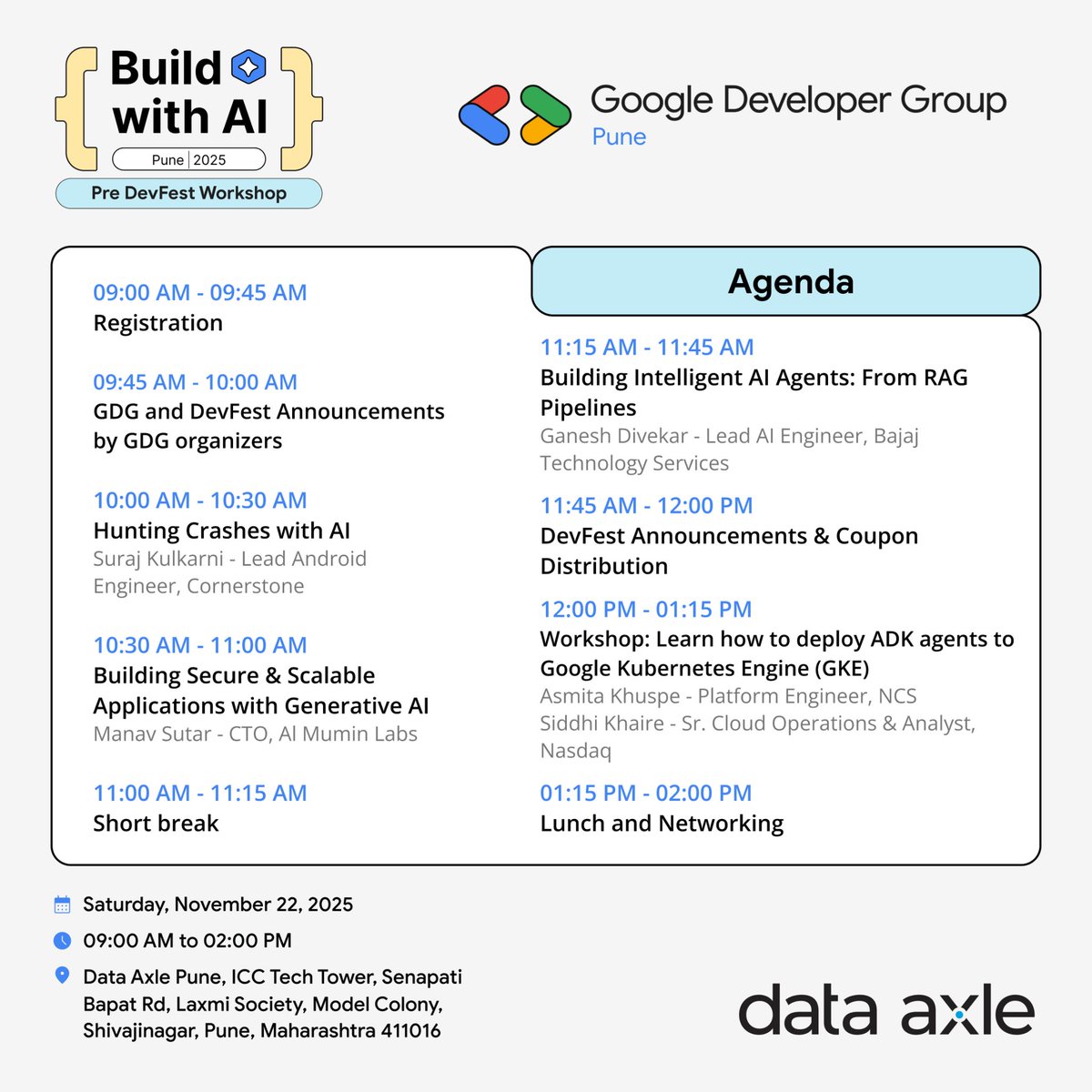 GDGPune's tweet image. Pre DevFest is almost here!🥳

A community-powered warm-up to DevFest Pune 2025 - packed with sessions, hands-on workshops &amp;amp; fresh AI learnings. ⚙️

📍 Data Axle, Pune
📅 Saturday, 22nd November 2025

It’s time to build, connect &amp;amp; grow. ✨
#BuildWithAI #DevFestPune2025 #GDGPune
