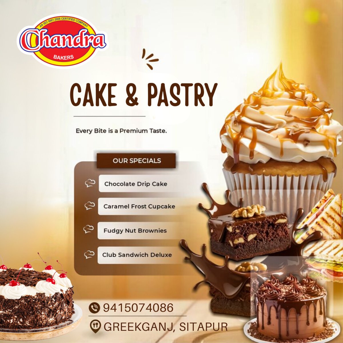 BakersChandra's tweet image. CAKE &amp;amp; PASTRY
 Every Bite is a Premium Taste.OUR SPECIALS
• Chocolate Drip Cake
• Caramel Frost Cupcake
• Fudgy Nut Brownies
• Club Sandwich Deluxe#CakeAndPastry 
.
#PremiumTaste #FreshBakery #ChocolateDripCake #CupcakesLove #Brownies #ClubSandwich