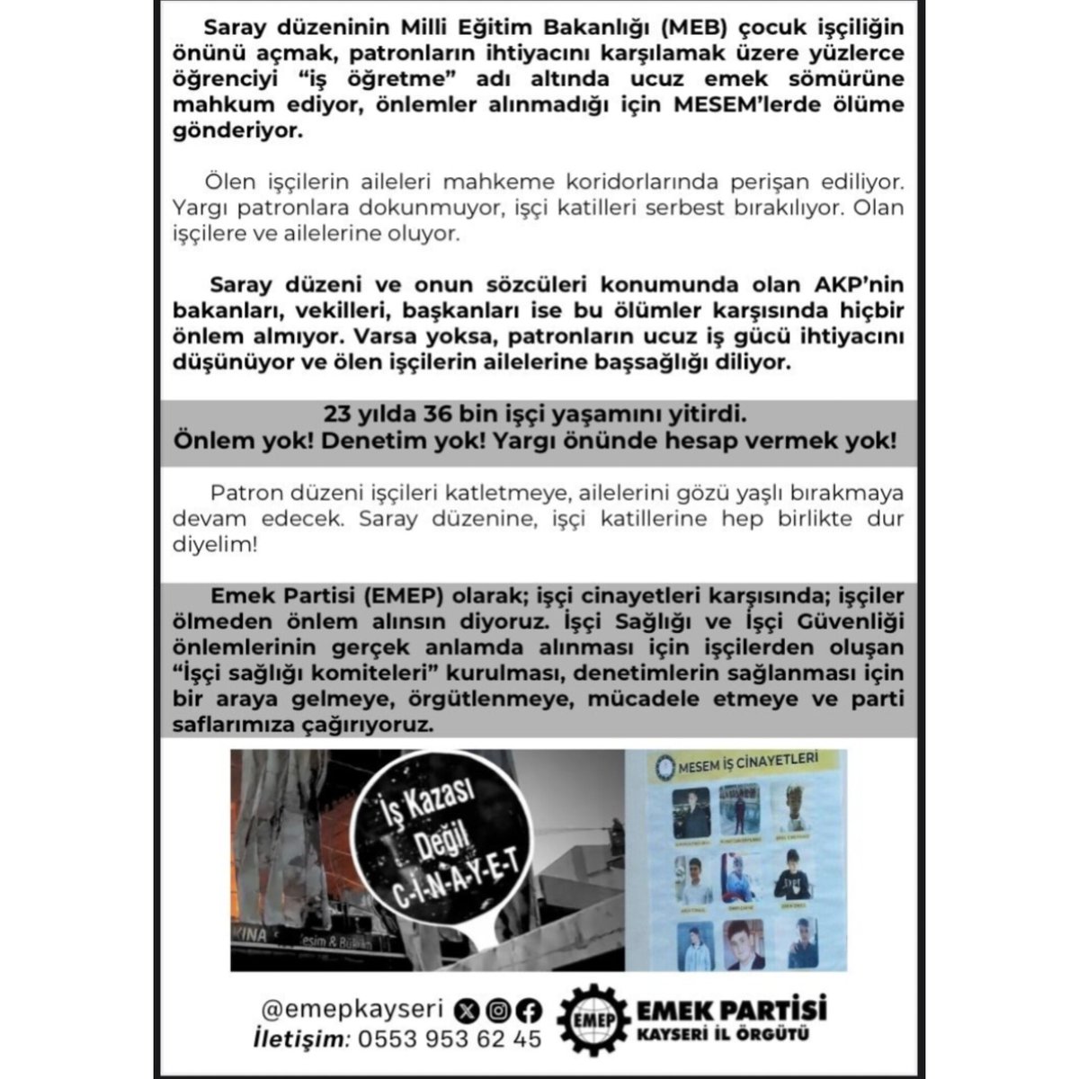 📌 23 Yılda 36 Bin İşçi Yaşamını Yitirdi!

“Önlem Yok, Denetim Yok, Yargı Önünde Hesap Vermek Yok”

İş Cinayetlerine Karşı Mücadeleye!