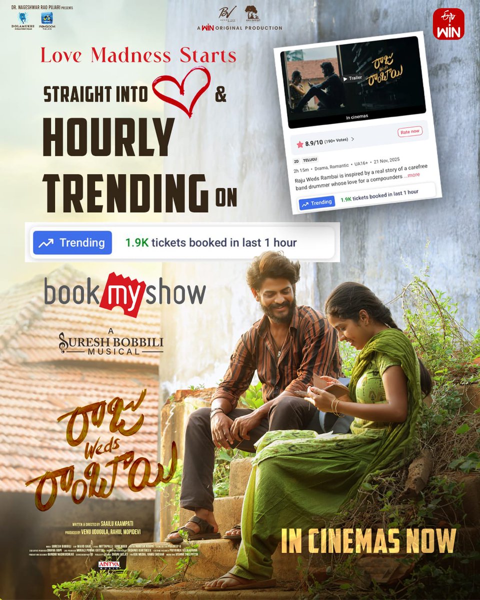 Love madness Starts! ❤️

Raju Weds Rambai is officially hourly trending with massive BMS bookings. 

Grab your tickets—magic is in cinemas now!

🎫 Tickets : in.bookmyshow.com/movies/raju-we…

#RajuWedsRambai #starcircle