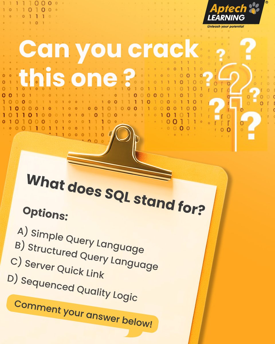 Aptech_Learning's tweet image. If you’re stepping into the world of IT, banking, data, cloud or development, SQL is a must-know.​
Drop your answer below and flex your tech IQ. ​
​
#TechQuiz #Finance #DataScience #TechEducation #AptechLearning #SkillUpWithAptech #GetTrainedGetHired