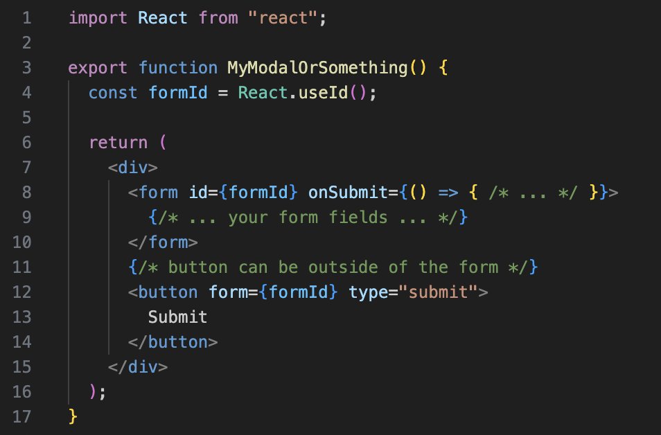 alexdotjs's tweet image. An old html feature that enough people don&apos;t seem to know about or use which makes a lot of layouts a lot easier to achieve

👉 Your submit button don&apos;t need to be a child-element of its &amp;lt;form&amp;gt;