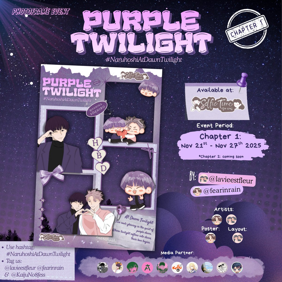 anfess_'s tweet image. ✨ IT'S🩷NARUHOSHI💜DAY!

Join CHAPTER 1 Frame:

[ PURPLE TWILIGHT — Hoshina Soshiro ]

📅 21–27 Nov 2025

📍 @selfietimeid

Event &amp;amp; art by @Lavieestfleur @fearinrain

📸Capture your moment, embrace the dawn–twilight 🌙, &amp;amp; tag

#NaruHoshiAtDawnTwilight #KaijuNo8 #RayakanHobimu