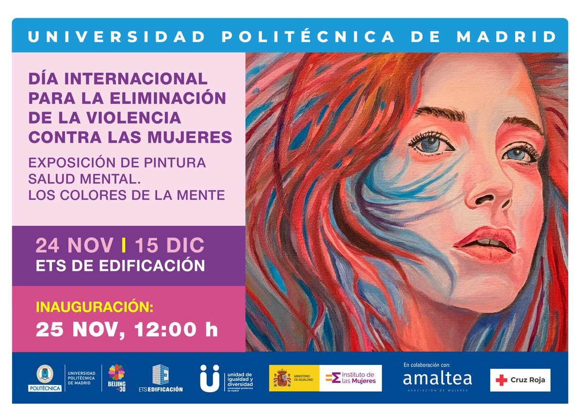 La_UPM's tweet image. &quot;Colores de la mente&quot; es la exposición con la que conmemoramos el Dia Internacional para la eliminación de la violencia contra las mujeres💜.  Una reflexión sobre el impacto de la violencia en quienes la sufren
📅25/11
📌 @ETSEM_UPM 
short.upm.es/qjomx
#somosUPM