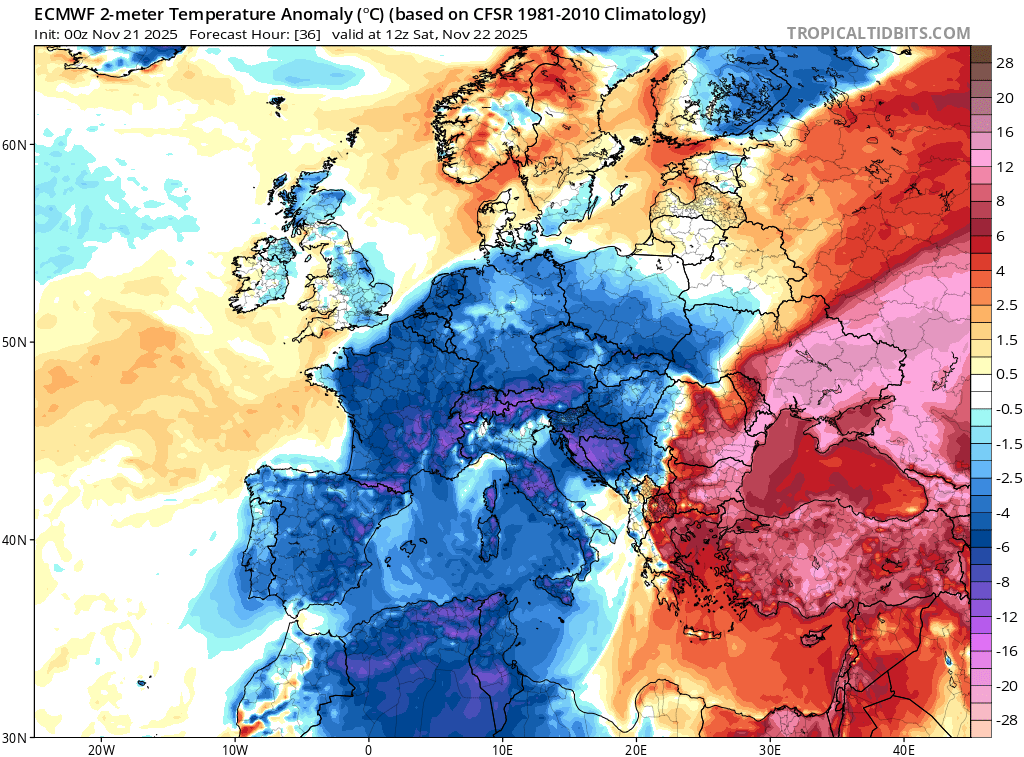 Die Wetterlage über Mittel- und Südeuropa hat sich inzwischen komplett umgestellt. In vielen Gebieten liegen die Temperaturen 5 bis 10° unter dem langjährigen Mittel. Die Kaltluft reicht weit in den Süden, bis in die Sahara, wo es in den nächsten Tagen auch frostig wird.