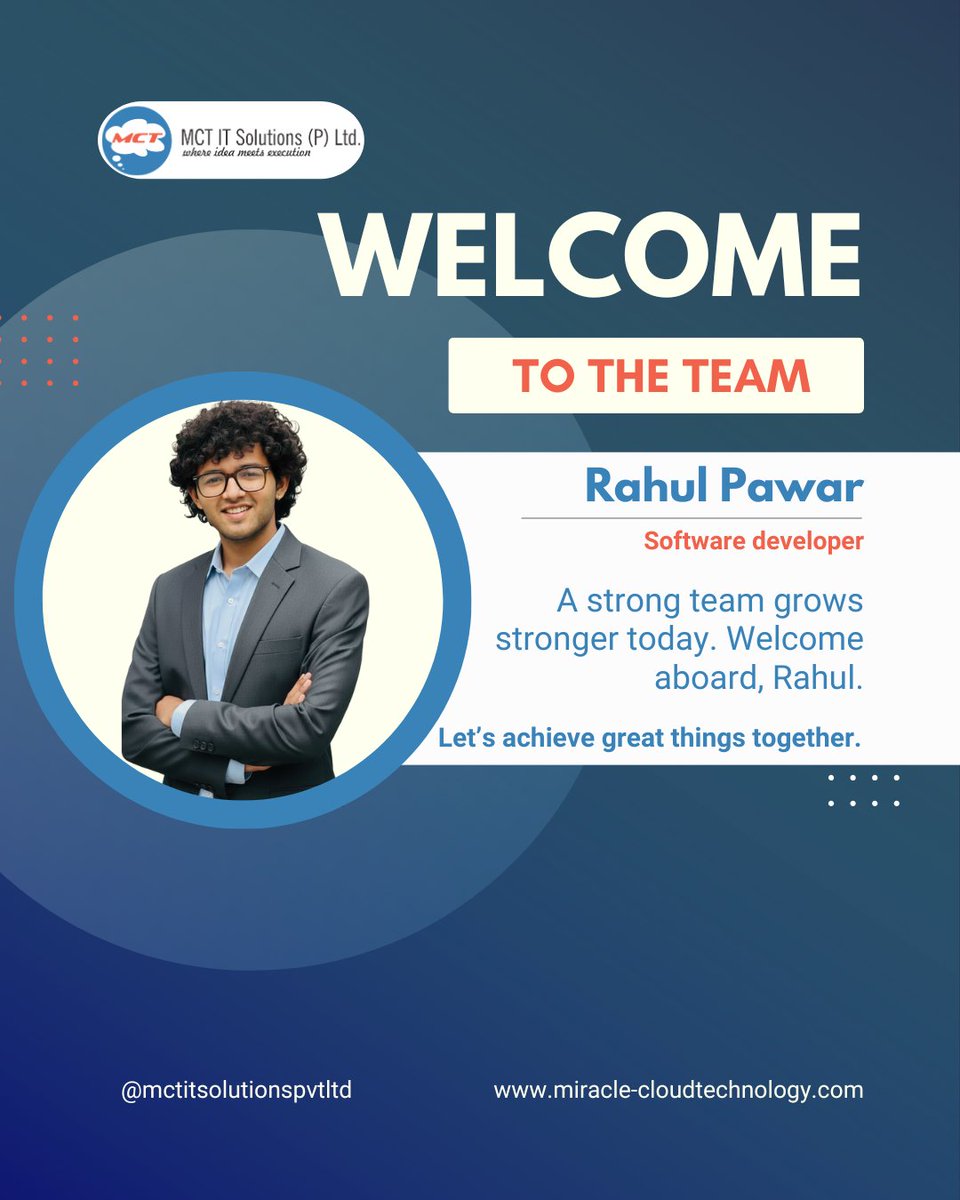 mctitsolutions's tweet image. We are delighted to welcome Rahul Pawar to the MCT family as our Software Developer!🚀 With his sharp technical expertise, problem-solving mindset, &amp;amp; commitment to building high-quality solutions, Rahul is set to be a strong addition to our development team.