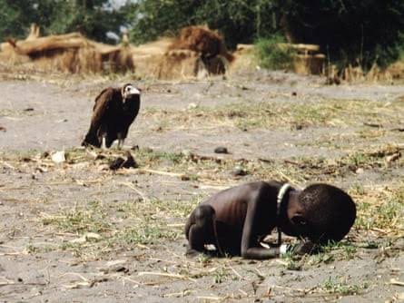 Both these photos were taken by the same South African photojournalist.

Although Kevin Carter later took his own life, it was probably due to family and financial problems and not war trauma.
