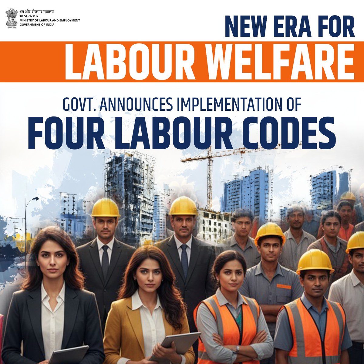CoalMinistry's tweet photo. The Government has made the four Labour Codes effective! India’s Labour Codes mark a major reform by modernizing labour laws, ensuring decent working conditions, fair wages, and long-term protection for workers across all sectors.

#श्रमेव_जयते
#ShramevJayate https://t.co/zz5BYktKiK