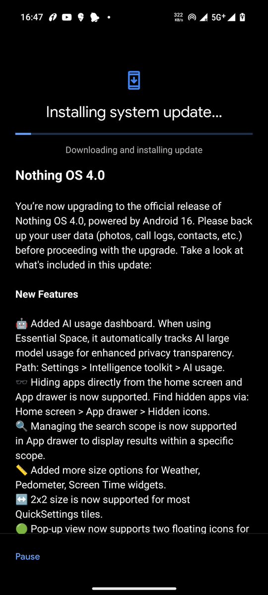 CodesWithAnkit's tweet image. Nothing OS 4.0 just dropped (Android 16 base).  
AI usage dashboard, hidden apps, enhanced search scope, new widget sizes, 2x2 QS tiles, improved pop-up view.

Nothing finally shipped an update that fixes the gaps instead of adding cosmetic tweaks.
#NothingPhone #NothingOS