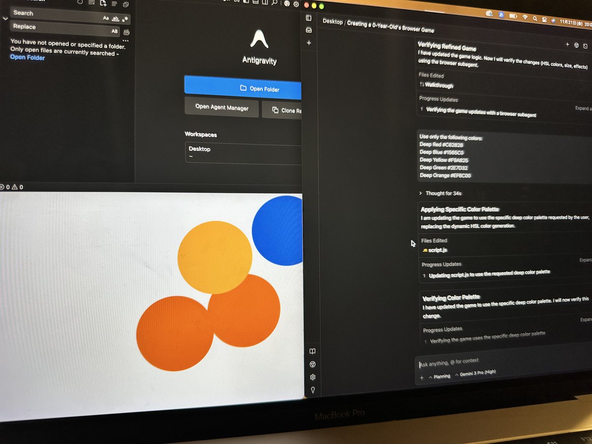 suzu0em0's tweet image. Google Antigravityで、0歳でも遊べそうなミニゲームを作ってみた。ゆるーく仕様を書くだけであっという間にできた。色は、「ネフスピールっぽいカラーコード」をChatGPTに出してもらった。簡単なゲームや教材なら、子どものニーズに合わせて親が手軽に作れちゃう時代が来たね