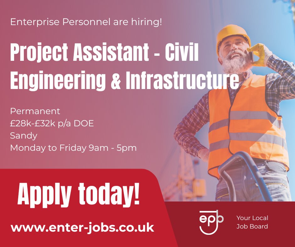 EnterJobs's tweet image. Enterprise Personnel&apos;s client are hiring a Project Assistant in Sandy.
Apply now via our website! 

#ProjectAssistant #projectmanagement #ProjectAssistance #projectdevelopment #civilengineering #engineeringteam #engineeringjobs #civilengineers  #sandy #bedfordshire