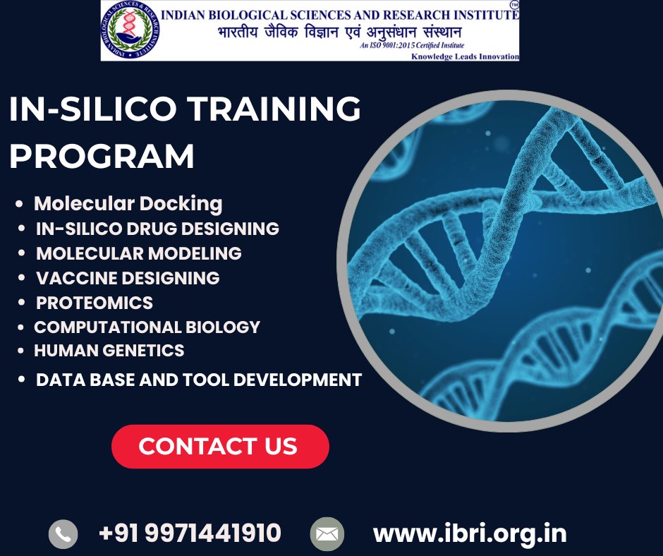 NoidaIbri's tweet image. The Indian Biological Sciences &amp;amp; Research Institute (IBRI) is now offering an In-Silico Training Program 

Gain hands-on skills 
 Drug Design
 Molecular Modeling
 Computational biology

📞 Contact: +91 9999509892
🌐 Visit: ibri.org.in

#IBRI #InSilico #Bioinformatics