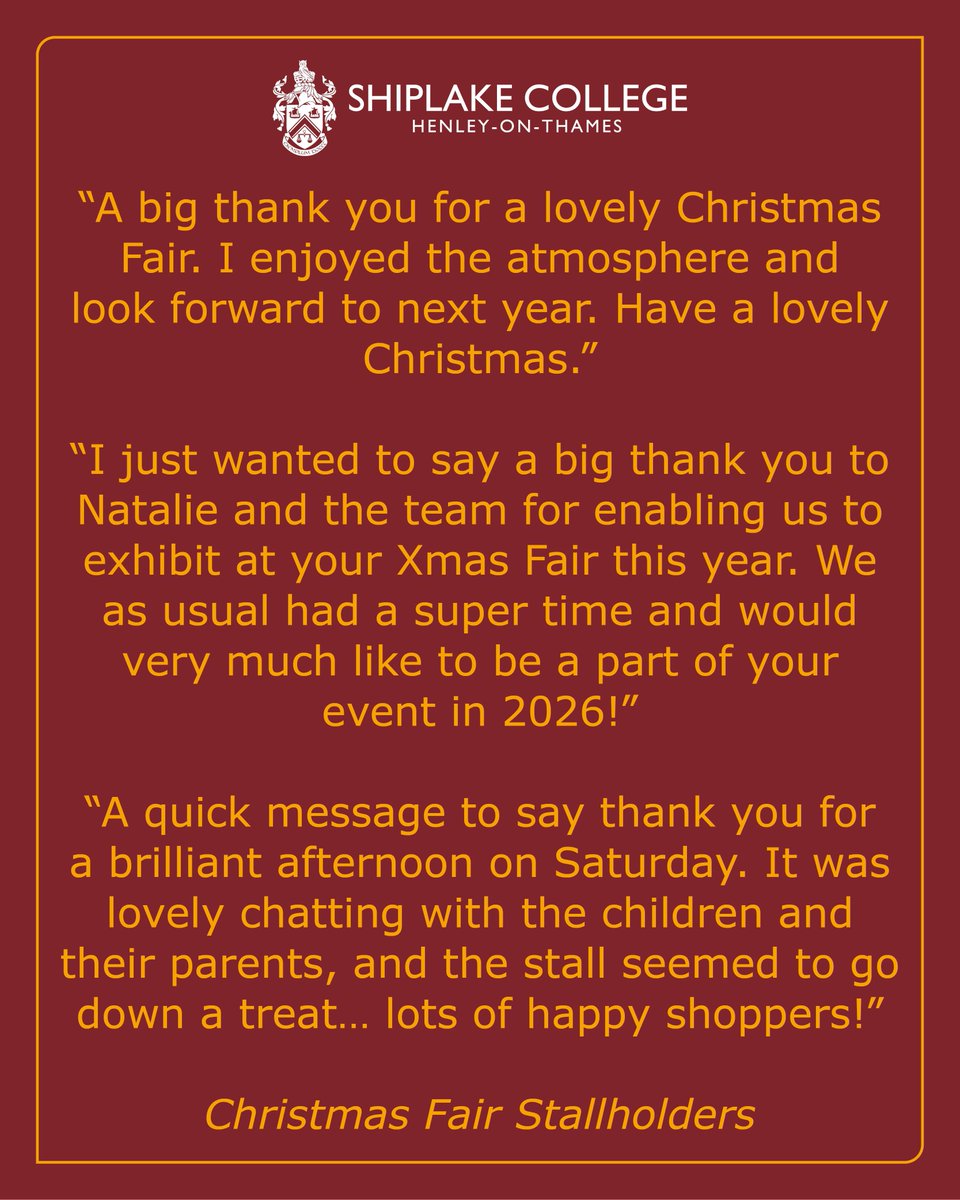 It's #FeedbackFriday and today we share some of the lovely comments received from stallholders from last weekend's Christmas Fair. It was a busy and brilliant event and thank you to all staff and parents who helped make it such a success. #ShiplakeCommunity