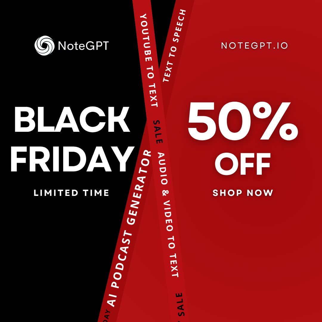 Maxine6874's tweet image. 🌟 #NoteGPT #BlackFriday Early Bird Deal is Now Available! 🌟

🗓️ Nov. 21 – Dec. 1

Hurry and enjoy a super discount of 50% OFF! Upgrade your NoteGPT subscription to unlock even more powerful features!

💼 Offer Details:
50% OFF Unlimited Annual Plan
50% OFF Max Annual Plan