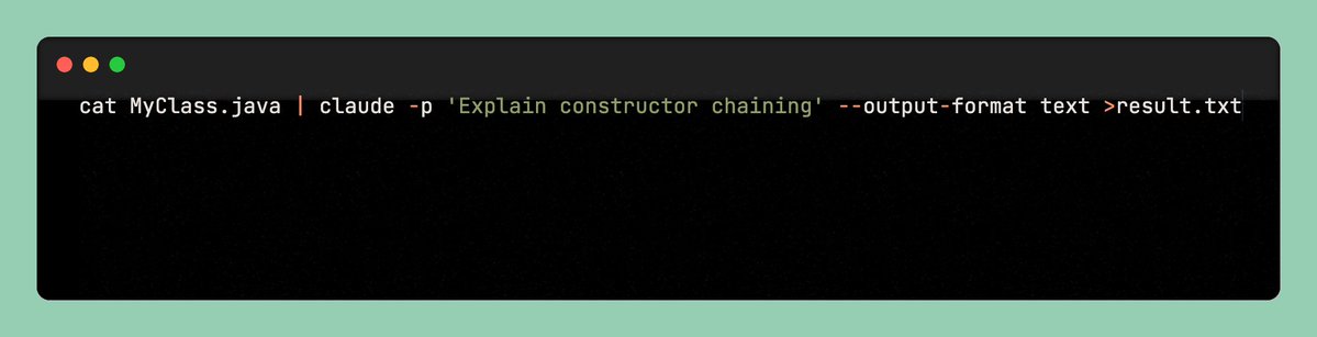 _The_Java_Guy_'s tweet image. 🎉 The dream has finally come true! Thanks to Claude Code we can now write nondeterministic shell scripts:

cat MyClass.java | claude -p &apos;Explain constructor chaining&apos; --output-format text &amp;gt;result.txt

#ai #claudecode #seniordeveloper