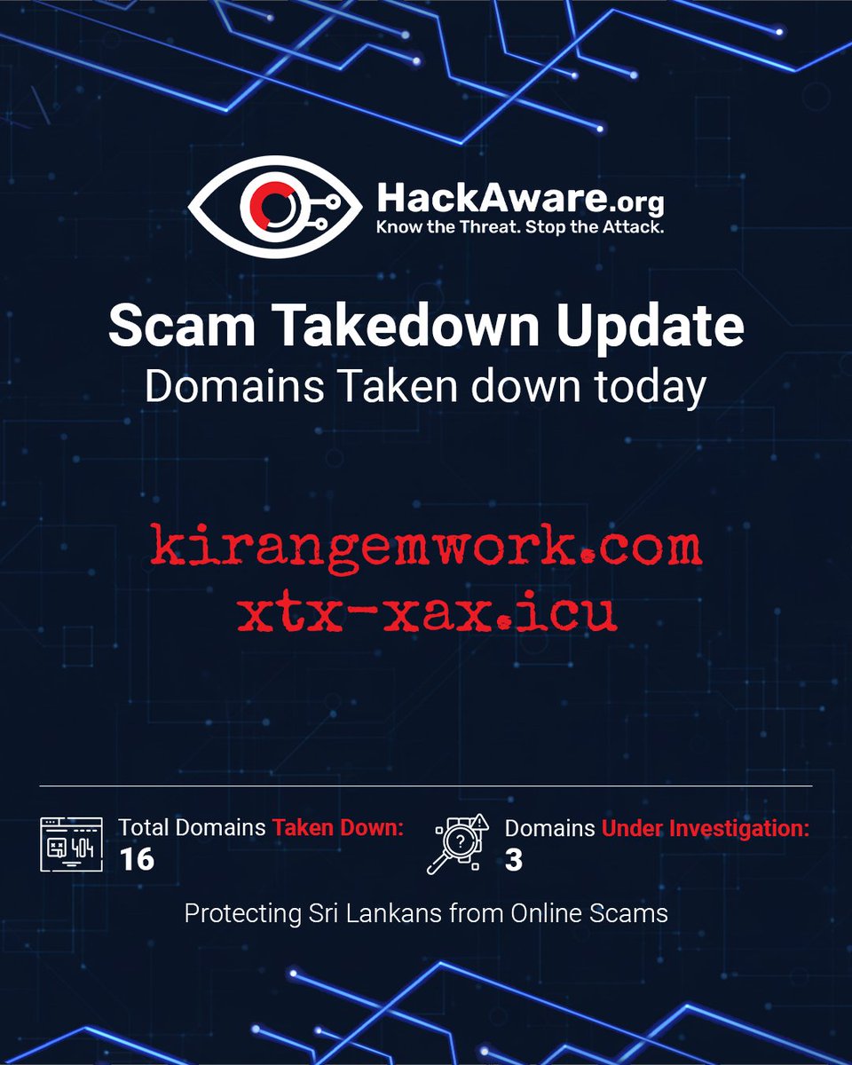 HackAwareOrg's tweet image. 🛡️ Takedown Alert ⚔️

Every time a fake site returns, we will be there to bring it down again.
Scammers rely on confusion — we eliminate that.
HackAware stands with the people, and we won’t back down.

#HackAware #ProtectSriLanka #OnlineSafety #CyberSecuritySL #PublicShield