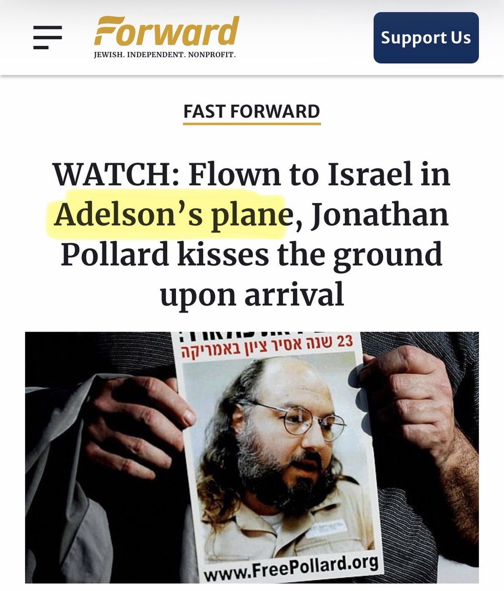 Did you know this?

– Jonathan Pollard was the worst spy in U.S. history, who stole U.S. intel for Israel.
– Israel tried to use the Lewinsky tapes to pressure Clinton into releasing Pollard.
– When he was freed, the Adelsons personally flew him to Israel on his private jet.
–