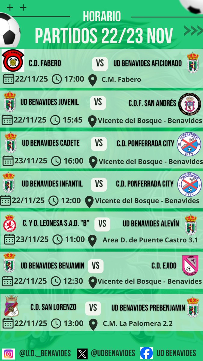 Partidos del fin de semana 22 y 23 de Noviembre!!💚💪⚽️
#Vamosbena #VamosVerdes #PuxaBena