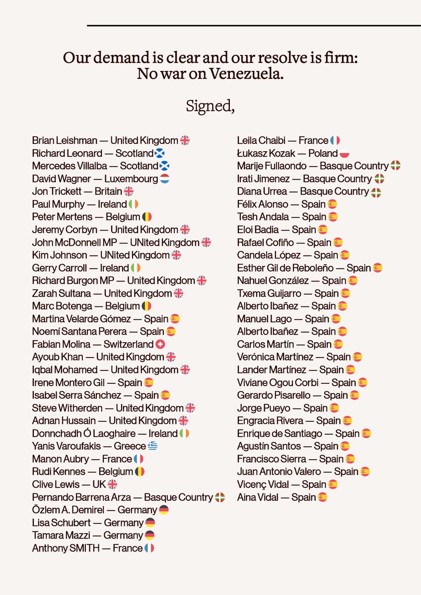 BREAKING 🇻🇪🇪🇺Political leaders from across Europe demand an end to the United States’ massive military build-up against Venezuela.

They say "No War on Venezuela."