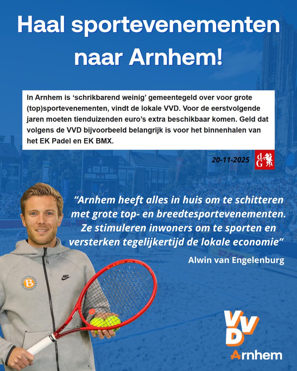 De afgelopen jaren is het budget voor grote evenementen gehalveerd. Als VVD fractie vinden we grote sportevenementen heel belangrijk voor onze stad. We hebben er daarom voor gezorgd dat er in 2026 €100.000 extra beschikbaar is hiervoor!🧡

#VVD # Arnhem #Sport #Evenementen