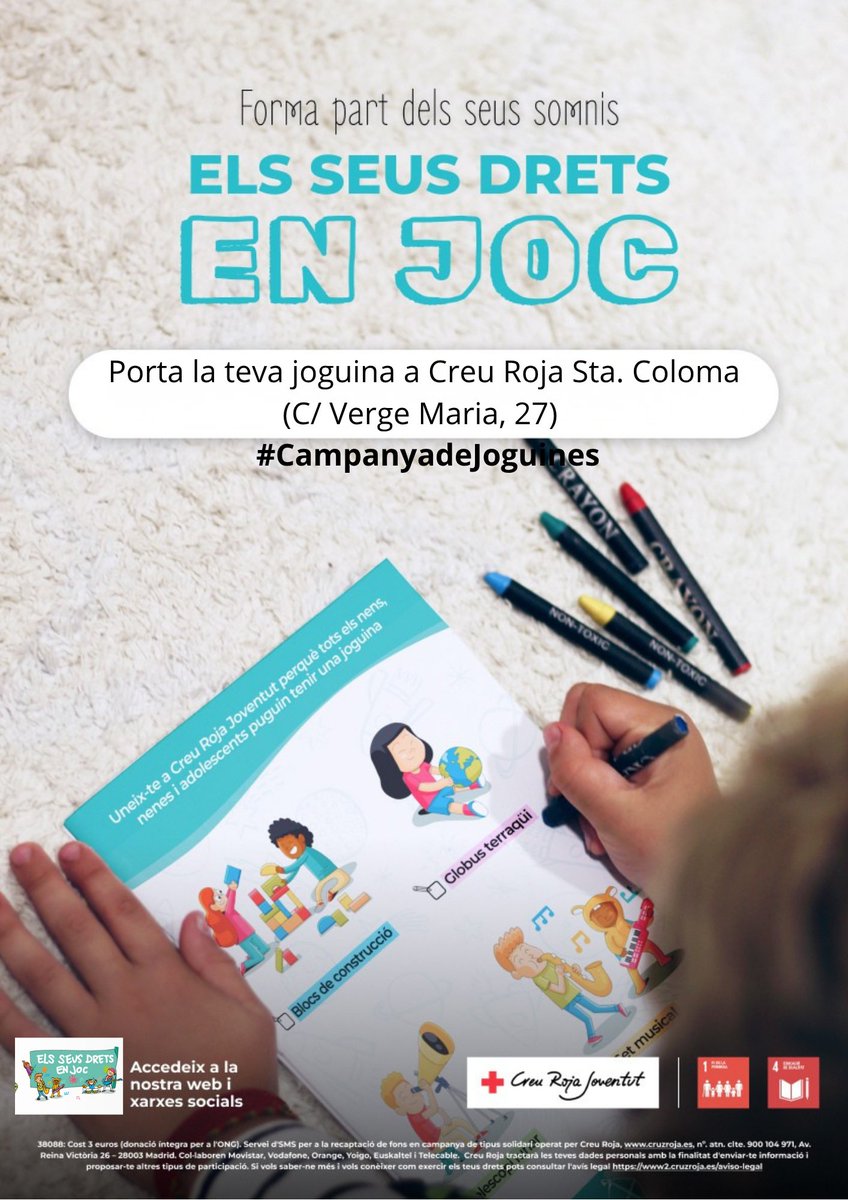 CreuRojaSCF's tweet photo. Pots col·laborar amb la Campanya de Joguines donant joguines, que siguin noves, educatives i no sexistes.  A Santa Coloma de Farners, a  l'oficina, o bé a Neurotip, on entrareu en el sorteig d'una panera.
També podeu fer aportacions econòmiques a https://t.co/23HLOJYol5 https://t.co/kybwIVHLsb