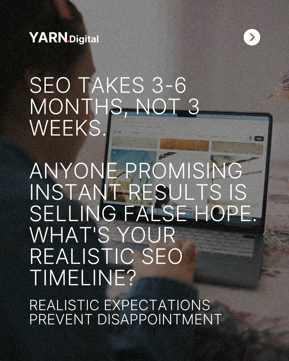 What's your realistic SEO timeline? 

Let's be honest about SEO timelines ⏰ 

Real SEO results take 3-6 months minimum. Anyone promising page 1 rankings in weeks is selling false hope. 

#SEOReality #RealisticExpectations #LongTermStrategy