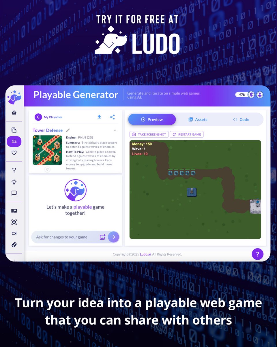 Create and test web-based games in minutes with Ludo’s Playable Generator. Generate 2D or 3D mini-games from text prompts, refine gameplay and visuals with AI, and play instantly within Ludo. Try it free at Ludo.ai.
#LudoAI #AI #GameDev #PlayableGenerator