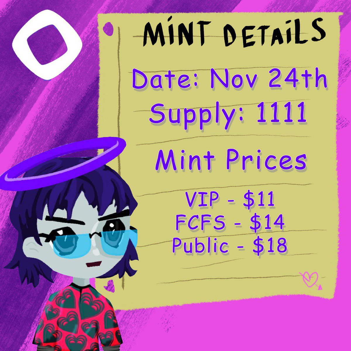 MONADIO MINT DETAILS 

Supply: 1111
Mint Date: November 24th
Where: Prime launchpad
Secondary: Magic Eden

Phase 1 (11 hours): VIP for Monadio Testnet holders and OG Monadio role holders
1111 spots, 4 per WL
Price: $11 in MON tokens

Phase 2 (1 hour): FCFS for WL Monadio role