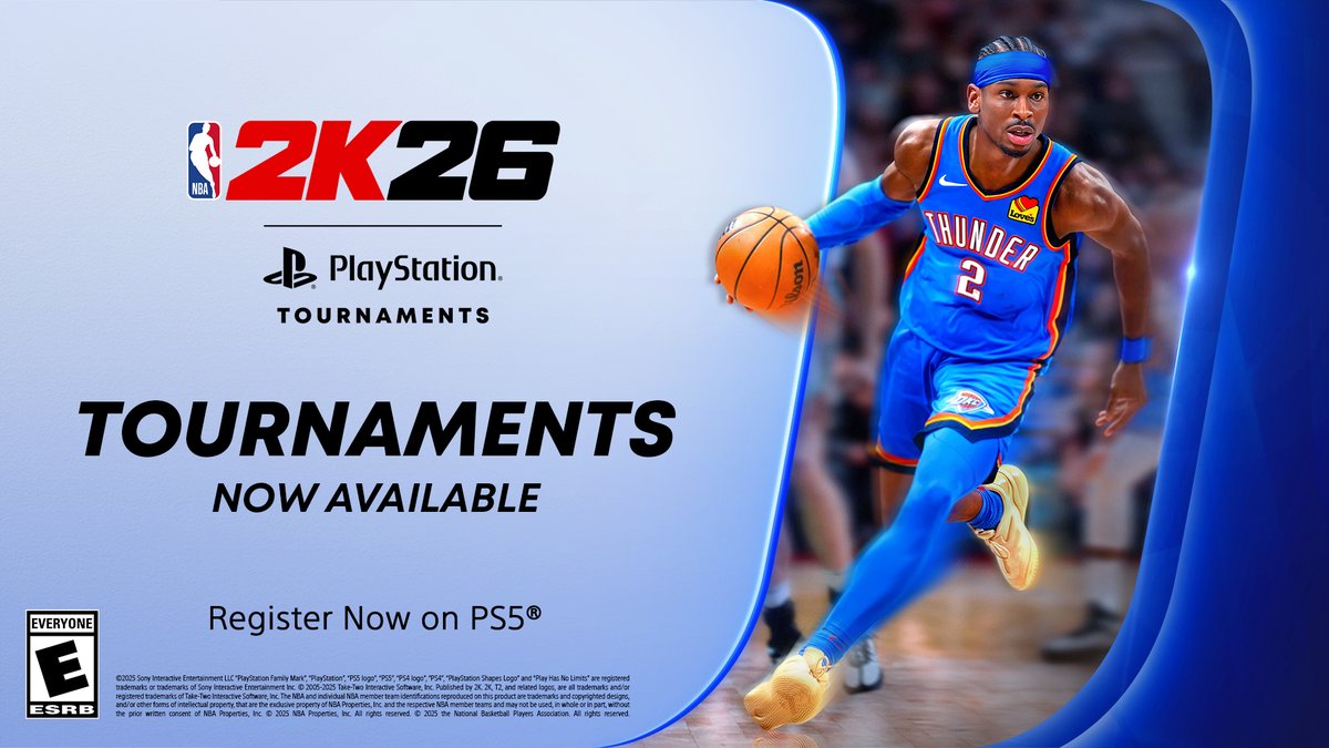 PlayStation's tweet image. A new season of on-court action is about to begin with NBA 2K26 on PlayStation Tournaments: play.st/44nhgGi
