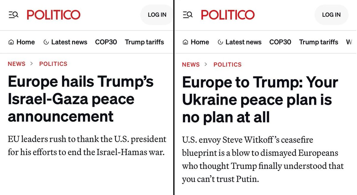 Europe's response to a flawed, lopsided, deceitful US plan for Gaza vs. Europe's response to a flawed, lopsided, deceitful US plan for Ukraine.