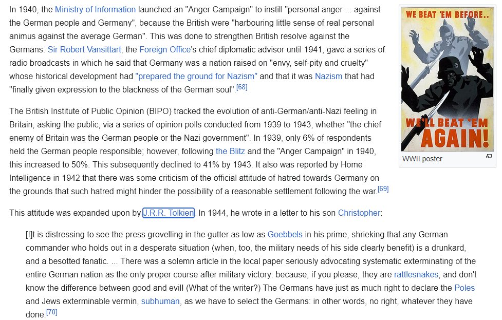 <a href="/JMPSimor/">Jessica Simor KC</a> Actually <a href="/JMPSimor/">Jessica Simor KC</a> , that's exactly how Brits spoke of Germans during WWII. In fact, there was a state-sponsored campaign (officially termed the "Anger Campaign") to whip up the British public into anti-German hatred. Calls to 'wipe out the German people' (and not mere