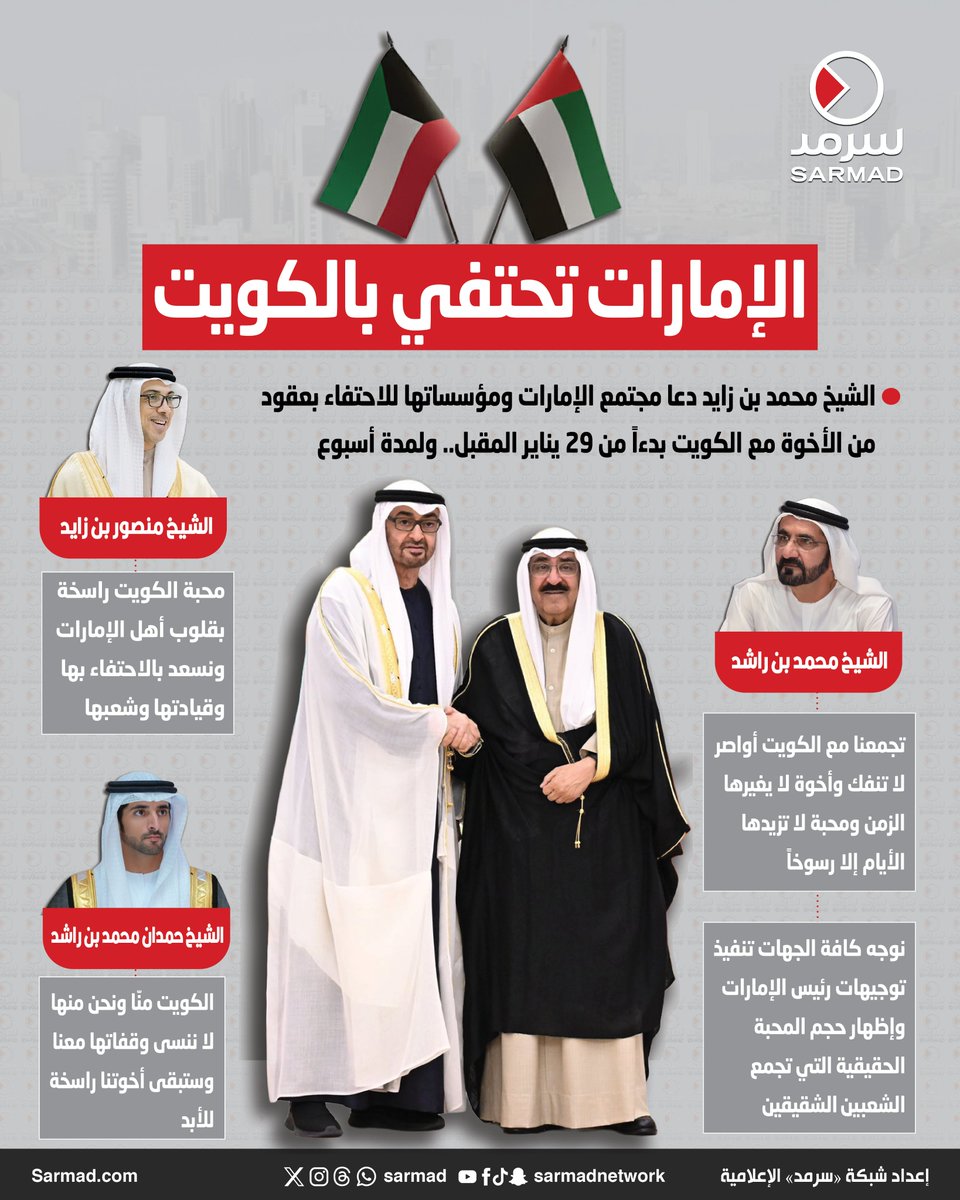 #إنفوجراف_سرمد | #الإمارات تحتفي بـ #الكويت

• الشيخ محمد بن زايد دعا للاحتفاء بالأخوة مع الكويت لمدة أسبوع.. بدءاً من 29 يناير المقبل

sarmad.com/301769/

#الكويت #الإمارات