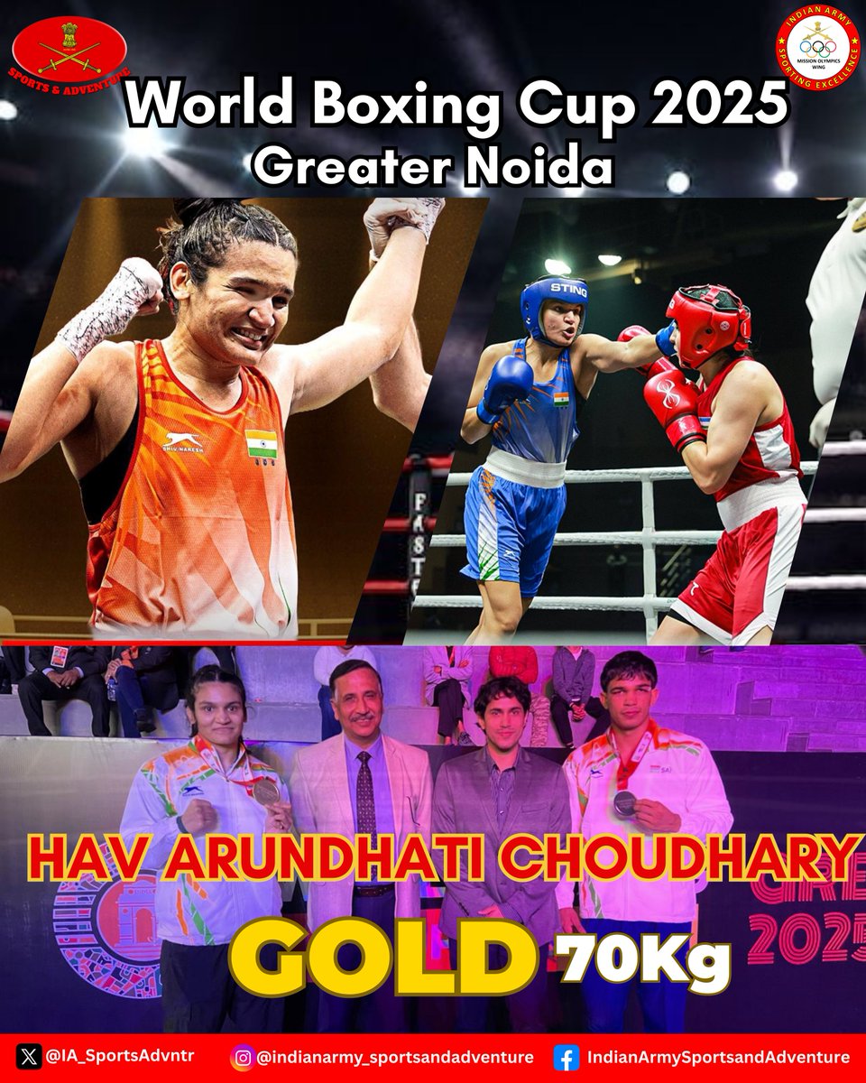 IA_SportsAdvntr's tweet image. Indian Army boxers deliver a thunderous performance at the #WorldBoxingCup  Greater Noida 2025.

In a display of sheer dominance, all Nine #IndianArmy pugilists who entered the ring finished on the podium including Two women winning two gold— a rare and remarkable first.

The…