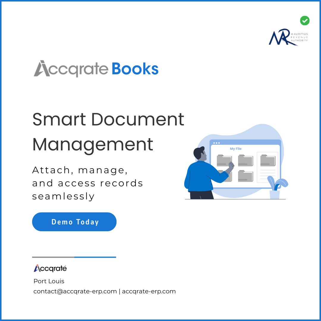 AccqrateM's tweet image. Smooth, Compliant Record Management
#AccqrateBooks lets you attach, manage, and access documents effortlessly with full #MRACompliance.
#MauritiusTech #DocumentManagement #TaxAutomation #Mauritius #einvoicing #AccountingSoftware #AccountingSolutions